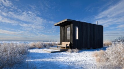 Winter Cabin Retreat Cozy solitude in snowy landscape under bright blue sky.