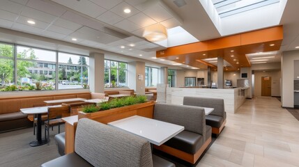 Fototapeta premium Modern Corporate Cafeteria Interior Design with Skylight and Booth Seating. Commercial space with natural light and contemporary decor.