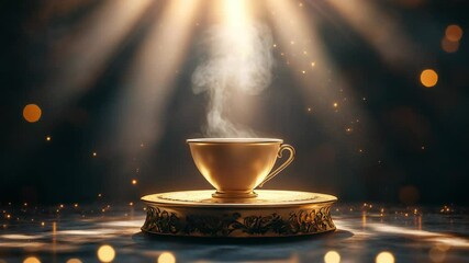 Elegant golden teacup emitting steam, illuminated by soft beams of light with a magical background - Powered by Adobe