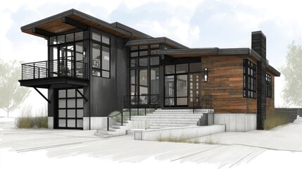 Modern Home Design Sleek Lines with Natural Materials, and Architectural Render.