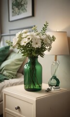 Stylish floral arrangement in bottle vase on trendy beige nightstand, emerald green bedding ,  nightstand,  interior
