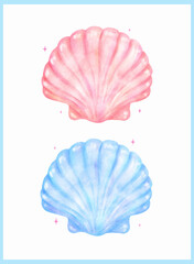 Pastel Clam Seashell Blue and Pink Watercolor Sea Shell Gradient set