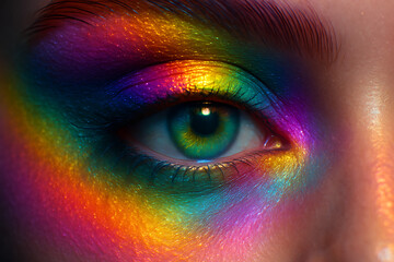 Close-Up of Eye with Vibrant Rainbow Makeup Creative Beauty and Color 

