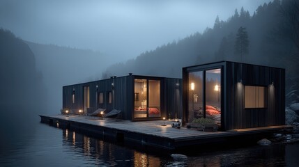 Floating Cabin Retreat Misty Lake House Getaway with Cozy Modern Home.