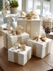 Three white gift boxes stacked with white bows and a small bird perched on top, bright studio background.