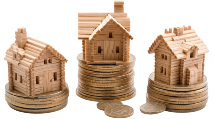Miniature wooden houses are stacked atop piles of coins representing investment and property value growth.
