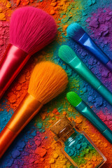 Colorful Makeup Brushes and Powder Pigments Artistic Flat Lay on Rainbow Background

