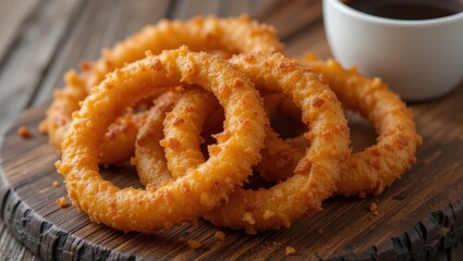 Golden Crispy Fried Onion Rings Served on a Wooden Platter with Dipping Sauce