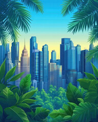 A cityscape with a lush green forest in the background. The city is filled with tall buildings and skyscrapers, and the trees are full and green. Scene is peaceful and serene, as the city