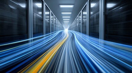 A futuristic data center corridor with dynamic blue and yellow light trails representing fast data transfer and high-speed connectivity