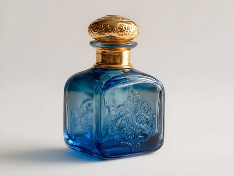 Blue glass perfume bottle with elegant gold detailing blending modern sophistication and timeless fragrance appeal