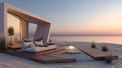 Beachfront Bliss Modern villa with deck and ocean view at sunset.