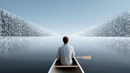 Fototapeta premium Data Stream Navigation: Man in Canoe Paddling Through Binary Code on Water. Technology Concept.