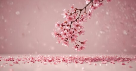 Fototapeta premium Floating pink sakura petals against a blurred pastel backdrop , serene, sakura