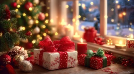 Multiple wrapped gifts arranged on a wooden table beside a bright window with natural daylight.