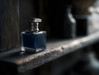 Midnight blue perfume vial capped with silver lid radiating mysterious luxury fragrance for evening elegance