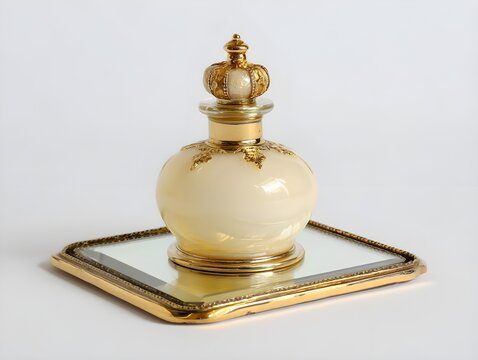 Ivory glass perfume vessel crowned by gold cap evoking understated elegance for refined fragrance indulgence