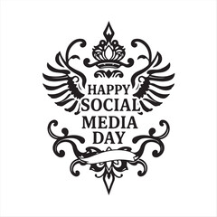Obraz premium Elegant retro print a classic black and white vector silhouette representing symbolic traditional tattoo art, celebrating Social Media Day. The design is intricate, ornamental, and presented