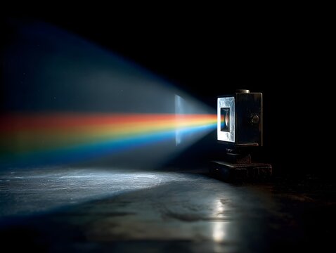 Light beam refracting through prism captured in crystalline detail highlighting spectral color dispersion artistry technique