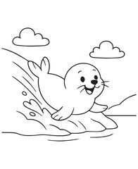 Coloring book seal gracefully glides through bubbly underwater adventures