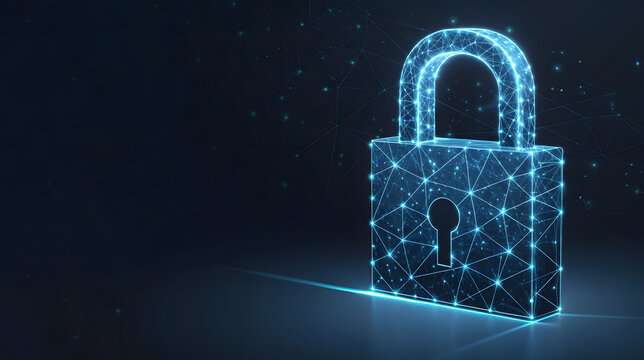 Futuristic neon padlock on electronic circuit background
