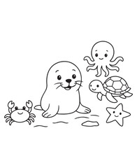 Coloring book seal pup meeting friendly sea creatures