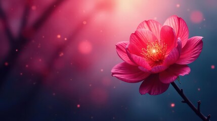 A Vibrant Pink Blossom Glowing with Inner Light Against a Dreamy Background of Soft Hues and Sparkling Dust
