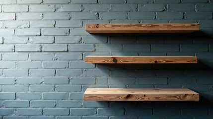 Three simple wooden shelves mounted on a textured blue brick wall background
