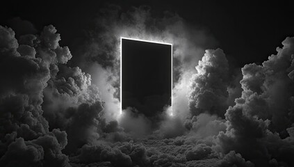 A dark rectangular portal, glowing brightly, is nestled within a field of ethereal, swirling clouds against a pitch-black backdrop.  The luminescence accentuates the mysterious, otherworldly scene