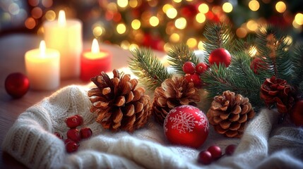 Lit candles and festive Christmas decorations arranged on a table near a decorated Christmas tree.