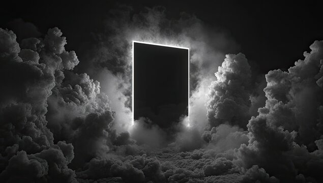 A dark rectangular portal, glowing brightly, is nestled within a field of ethereal, swirling clouds against a pitch-black backdrop.  The luminescence accentuates the mysterious, otherworldly scene