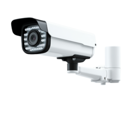 A modern white surveillance camera is mounted with an arm against a clean and simple white background.