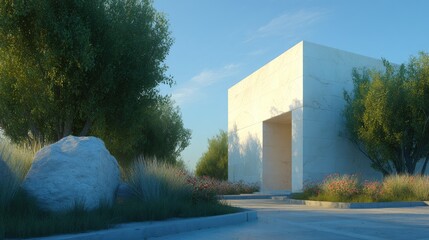 Minimalist Building Serene Architecture with Nature, and and Bright Sky.