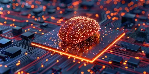 A glowing, illuminated brain with a red and orange glow on a dark, circuit board-like background.