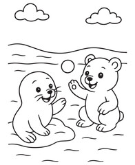 Coloring book polar bear and seal cub playing with a snowball