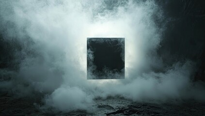 A dark, square monolith hovers in ethereal fog, illuminated from behind, resting on a rough, textured surface