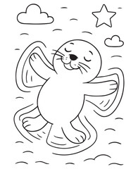 Coloring book happy baby seal playfully interacts with sand 