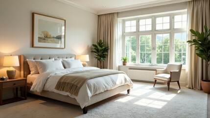 Fototapeta premium Serene Bedroom Retreat with Luxurious Bedding, Abundant Natural Light, and Tranquil Decor