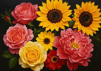 Fototapeta premium Stunning Flower Arrangement Roses, Sunflowers, Peonies, and More! Vivid Floral Display.