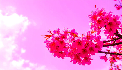 Naklejka premium Bright Pink Cherry Blossom Flowers Blooming Against Sky