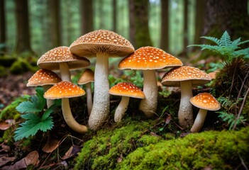 Mushrooms grow on mossy forest floors in woods