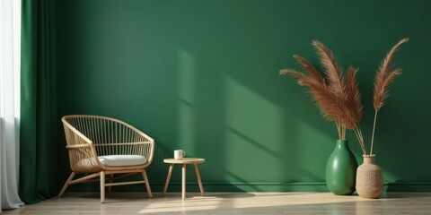 Relaxing Room Decor A Serene Green Wall Accentuated by Natural Light, Rattan Chair, Side Table, Dried Pampas Grass in Elegant Vases