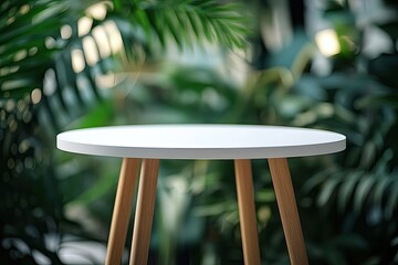 A small, white, round table with light-brown, tapered legs sits against a blurred backdrop of lush, green tropical foliage