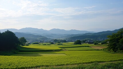 landscape with green grass and mountains