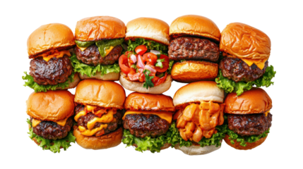 Freshly prepared mini hamburgers displayed together offer a tantalizing and inviting culinary experience.