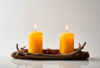 Candles lit on a wooden tray Tray with twigs and cherries