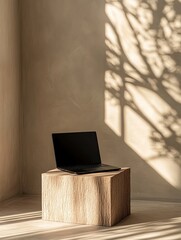 A dark laptop rests on a light wood cube against a beige wall, dappled with sunlight casting tree branch shadows
