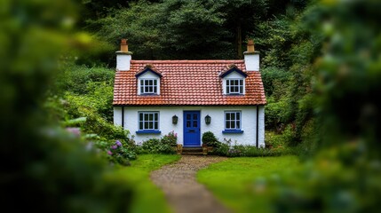 Charming, small cottage nestled within a verdant garden.
