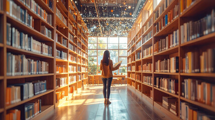 Fototapeta premium A person stands in the center of a grand library aisle, holding an open book while gazing toward a large window that floods the space with natural light. Star-like ceiling lights add a magical atmosph