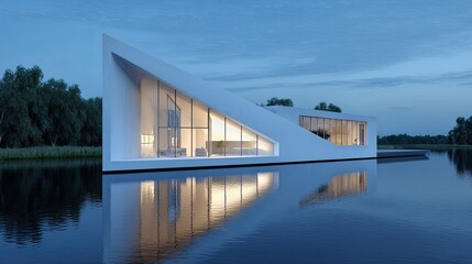 Modern floating house reflecting in lake at dusk with tranquil architecture.
